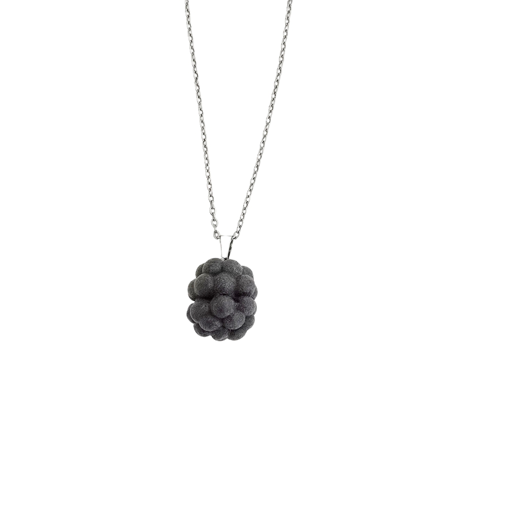 Blackberry necklace pendant handcrafted in Japanese air-dry clay, silver-tone chain