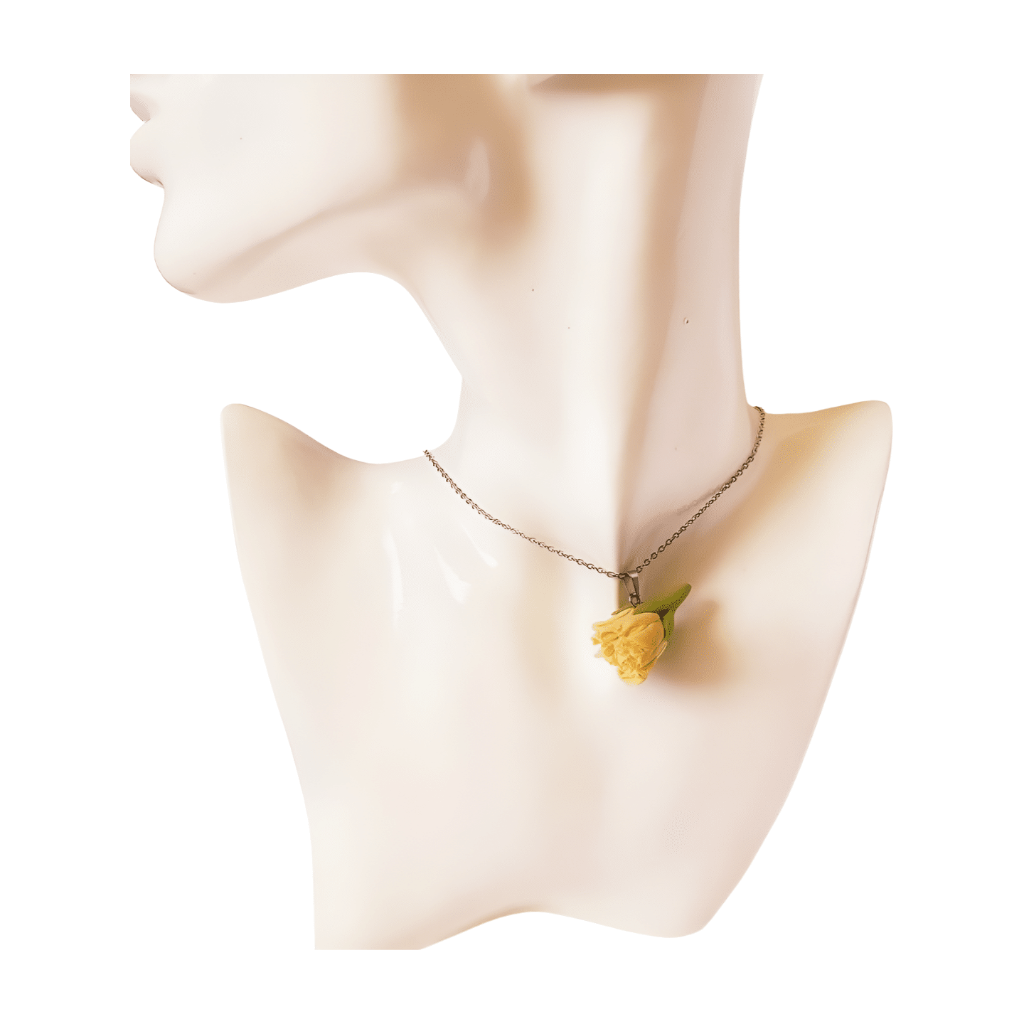 Handcrafted clay carnation necklace with a delicate hypoallergenic steel chain, showcasing timeless beauty and elegance.