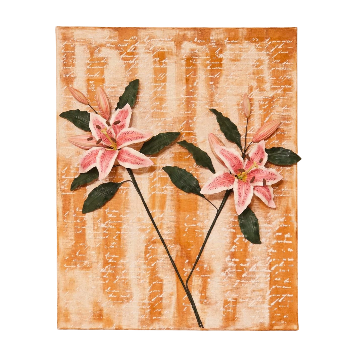 Hundred Years of Love – 3D wall art with pink oriental lilies handcrafted from clay, ready to hang.