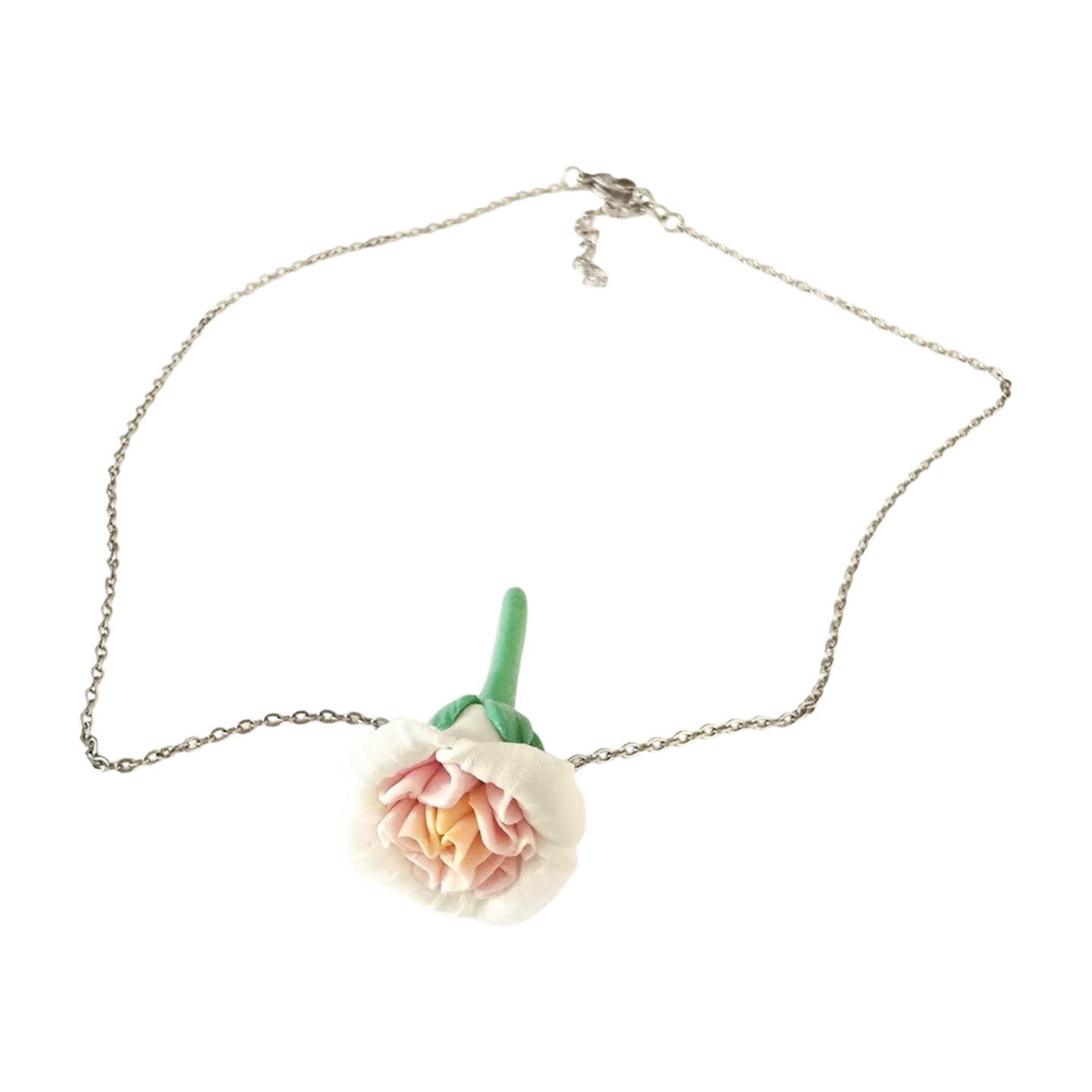 Handmade english garden rose necklace in clay by The Glam Bijoux, symbolizing eternal love and elegance.