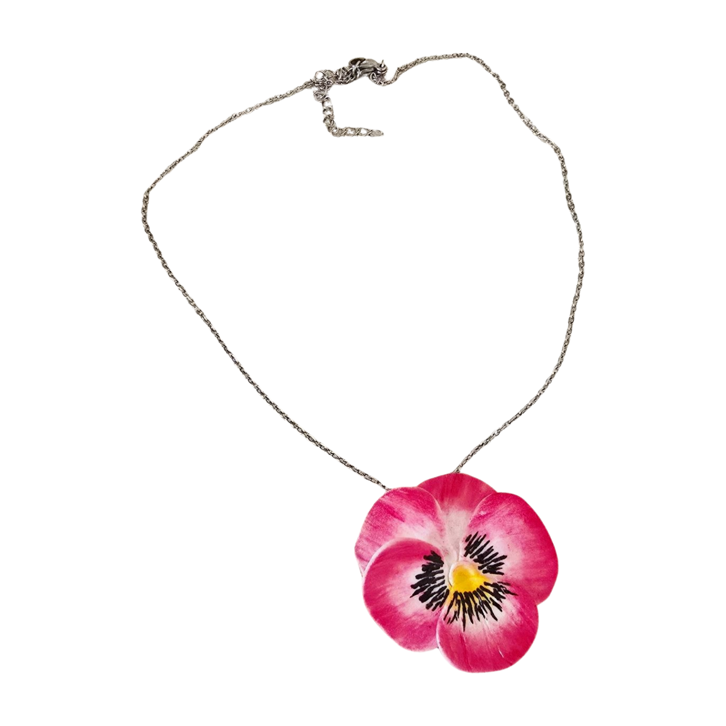 Handmade pansy flower necklace in two-tone colours with a hypoallergenic stainless-steel chain