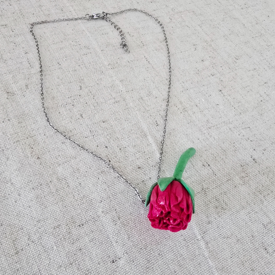 Handmade carnation flower necklace in soft pink clay, beautifully detailed, unique one-of-a-kind gift from The Glam Bijoux