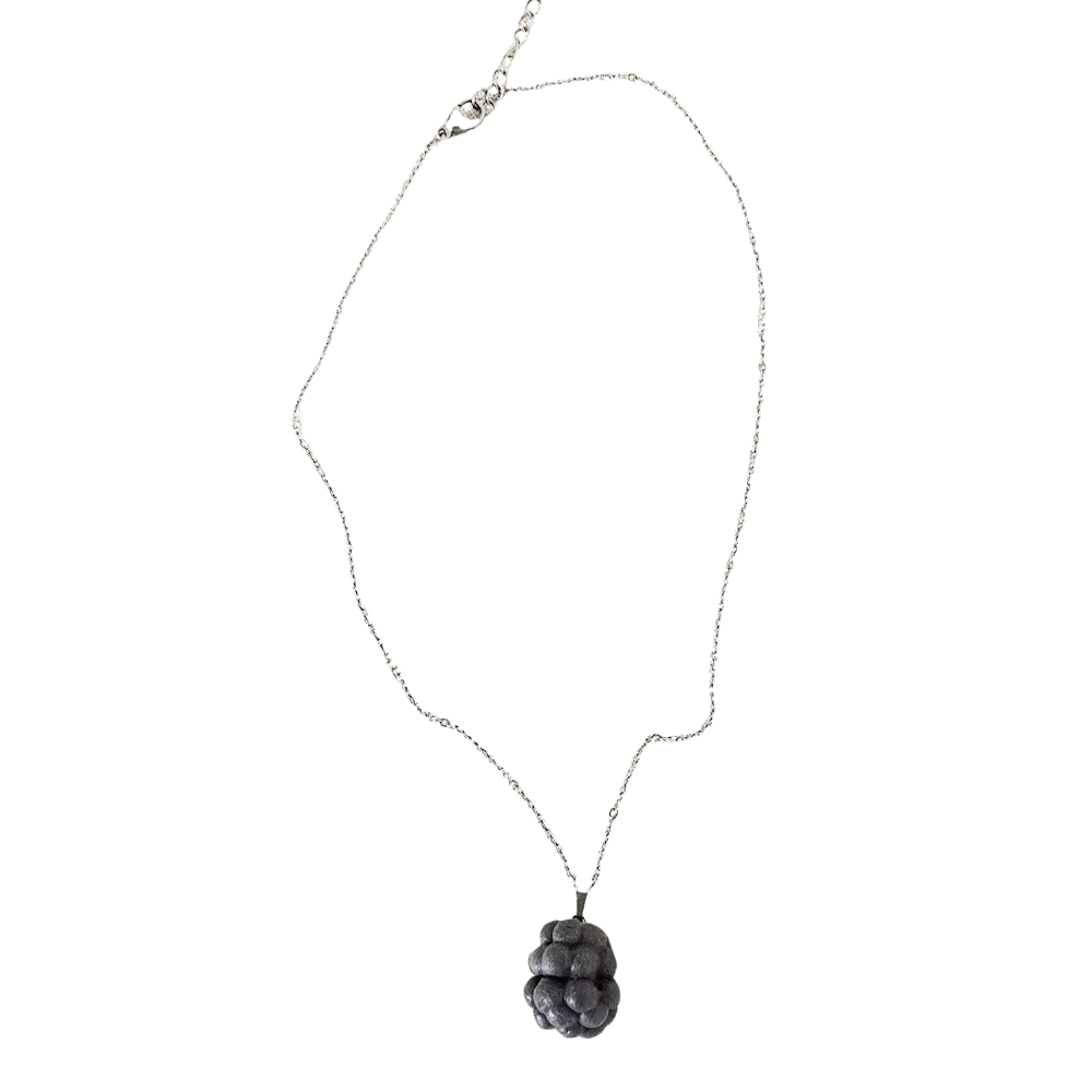 Blackberry necklace pendant handcrafted in Japanese air-dry clay, silver-tone chain