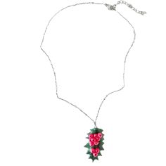 Holly necklace on white background — handmade evergreen pendant with red berries