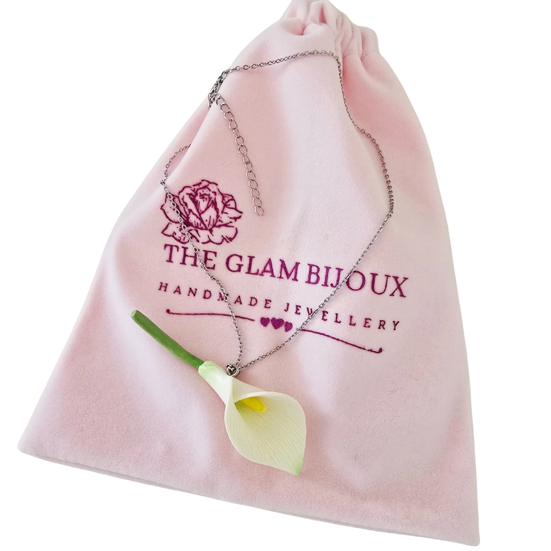 Handmade clay calla lily necklace – minimalist floral pendant on silver chain by The Glam Bijoux