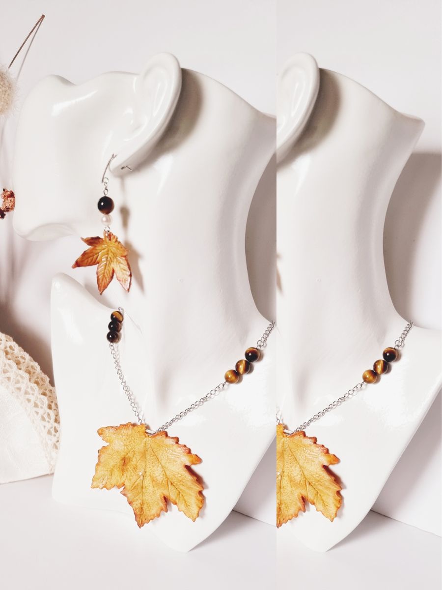 Clay maple necklace and earrings