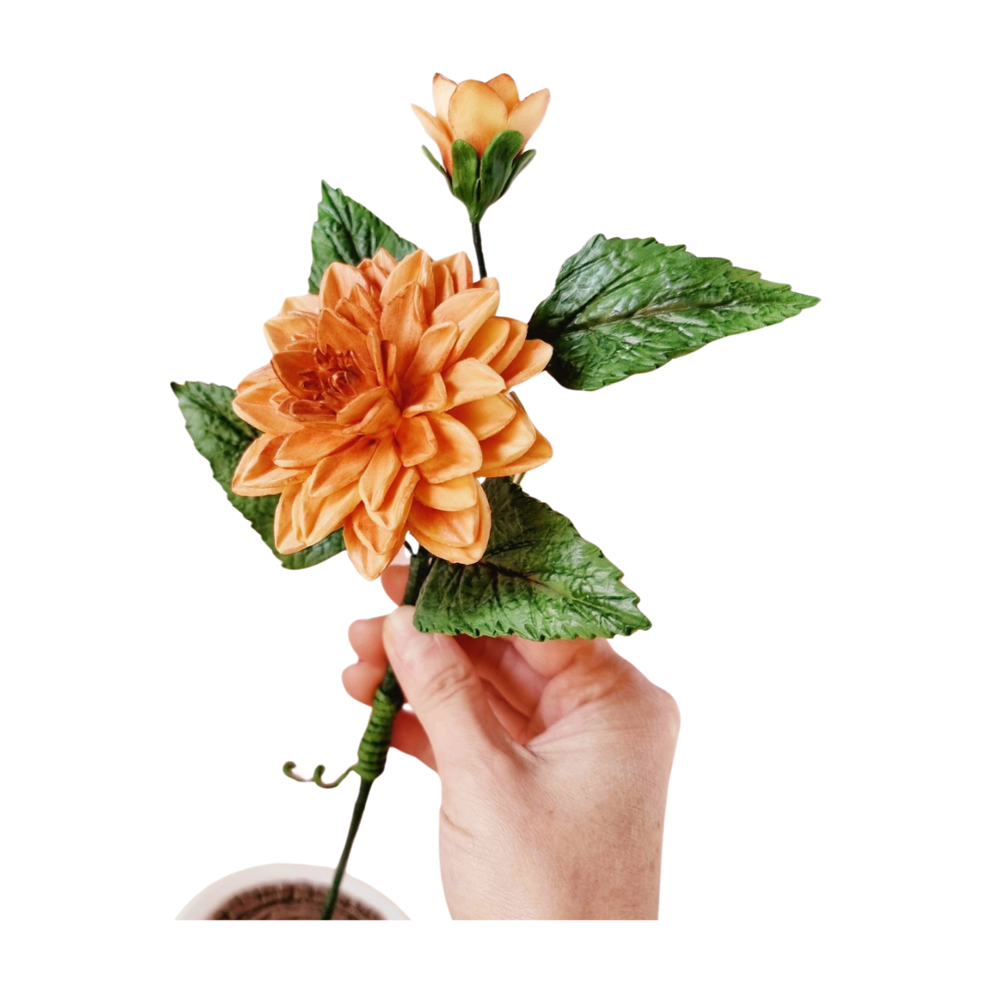 Handcrafted terracotta dahlia flower with a sleek, minimalist holder, showcasing timeless elegance and lasting beauty.