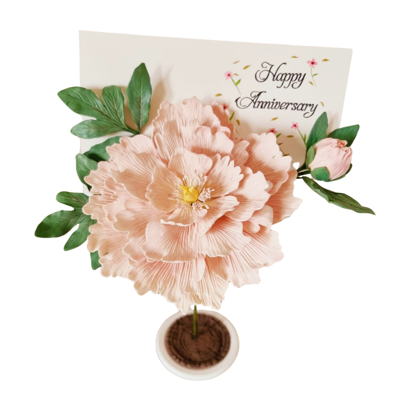 Graceful clay oriental peony with a customized card holder, perfect for celebrating love.