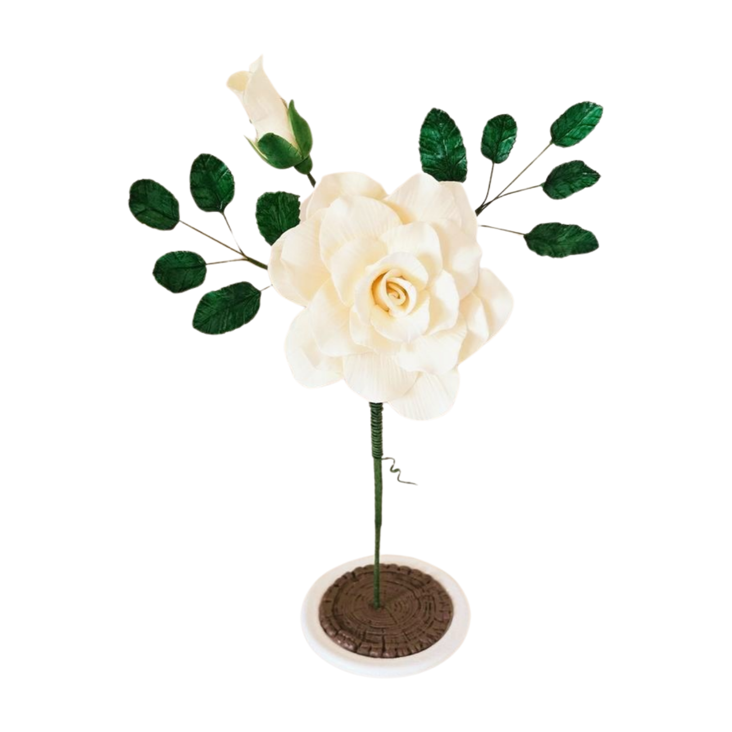 Elegant handmade clay tea rose in a glass holder, a timeless decorative piece