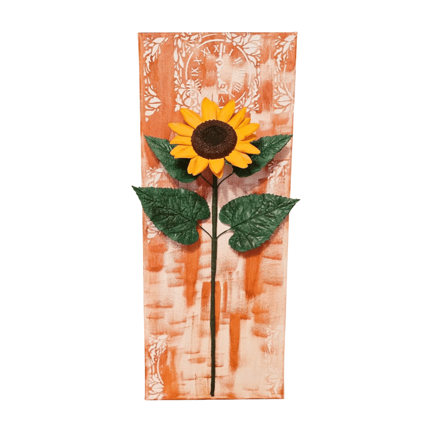 3D golden yellow sunflower wall art on terracotta gradient canvas, handcrafted with clay.