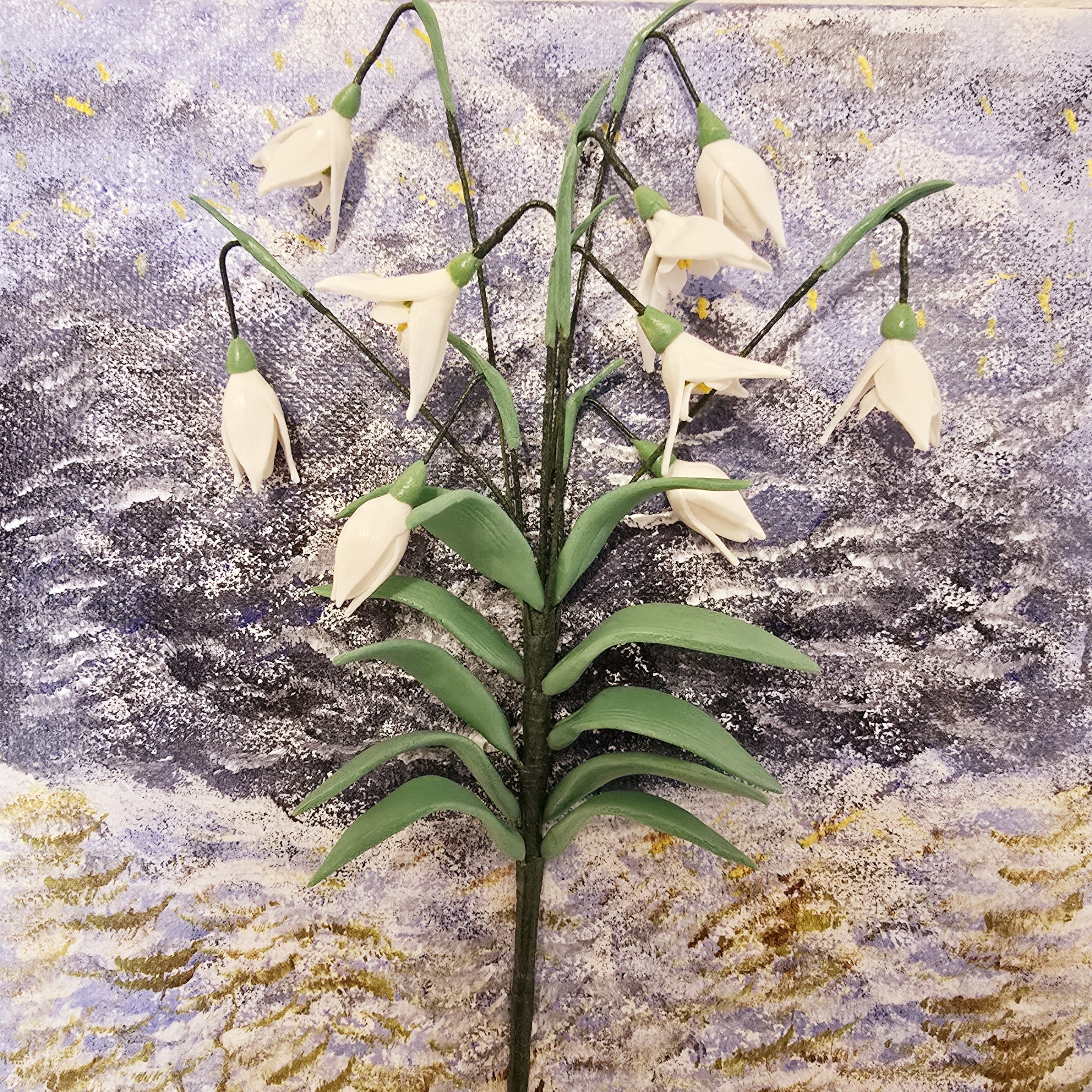 Handmade clay snowdrop wall art on a 20x20 cm acrylic-painted canvas