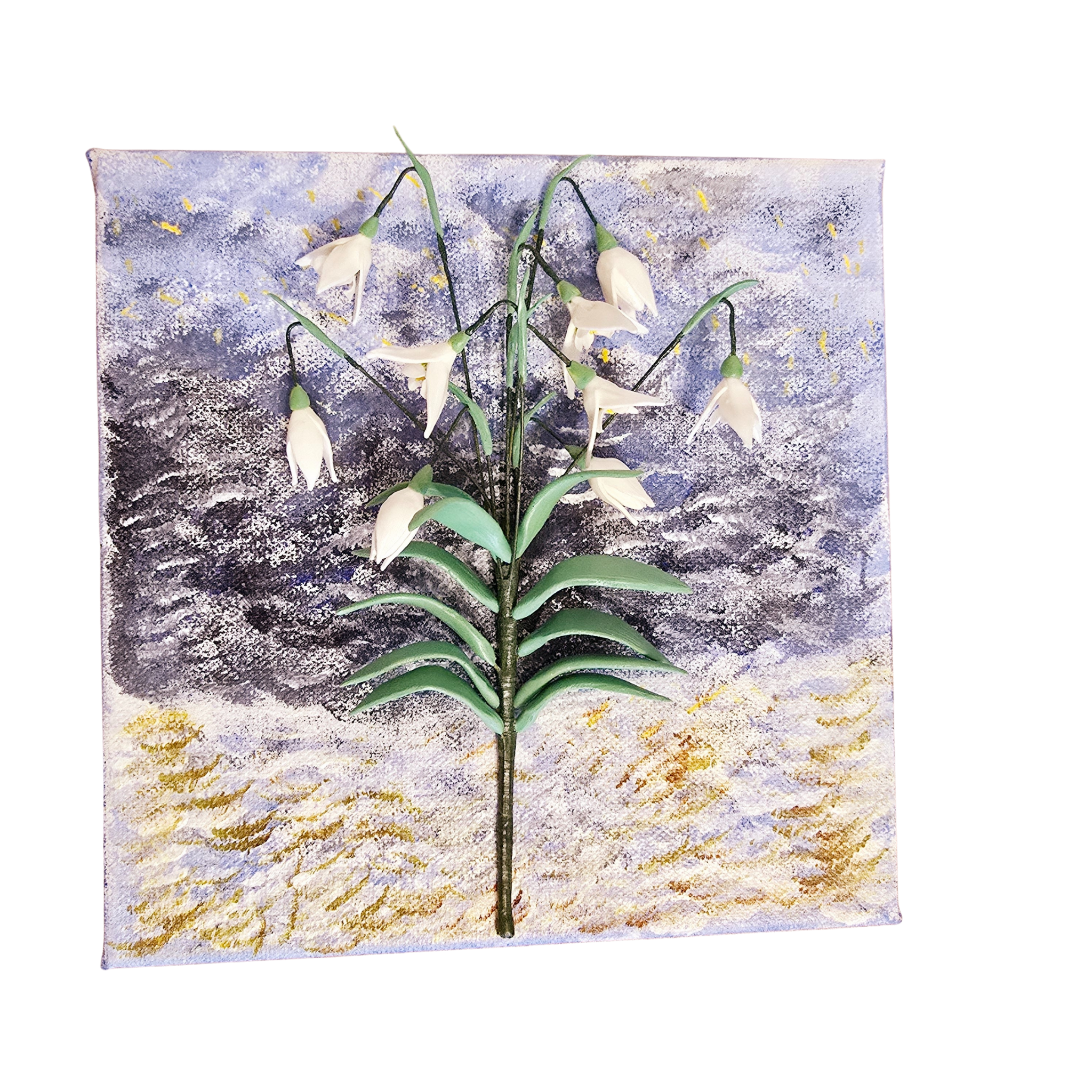  Handmade clay snowdrop wall art on a 20x20 cm acrylic-painted canvas.