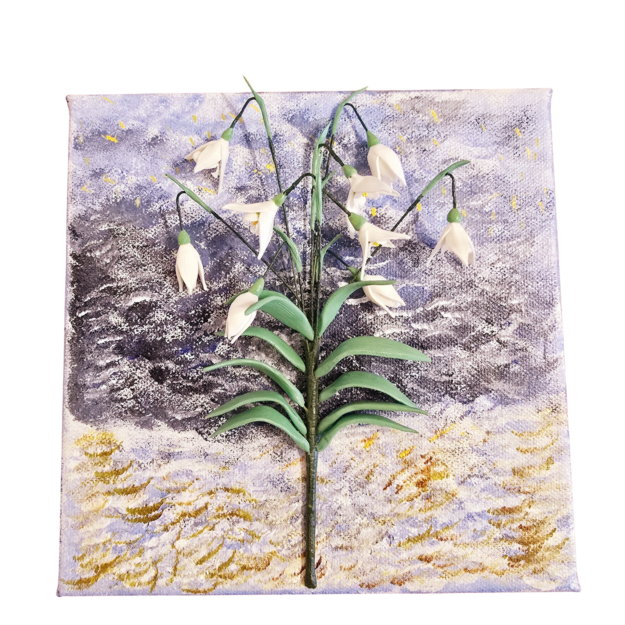 A Promise of Spring - 3D wall art with snowdrop flowers hand-crafted from air dry clay, gradient acrylic background in celeste, white, and green.