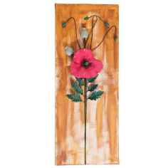 3D red poppy wall art with mocha mousse gradient canvas, handcrafted from clay.
