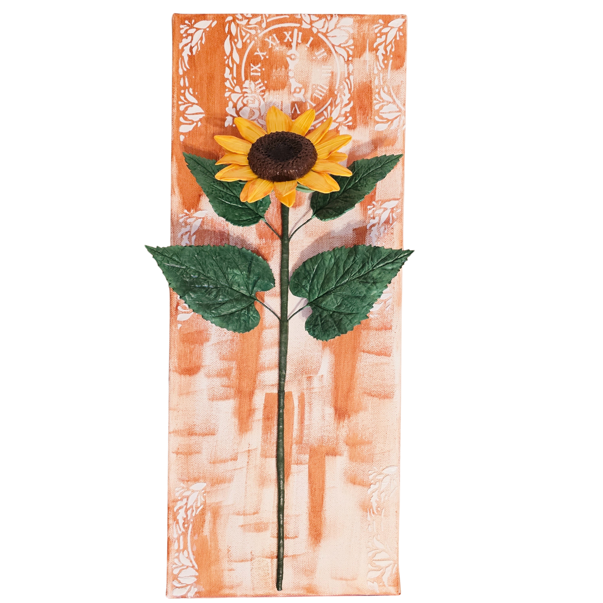 3D golden yellow sunflower wall art on terracotta gradient canvas, handcrafted with clay.