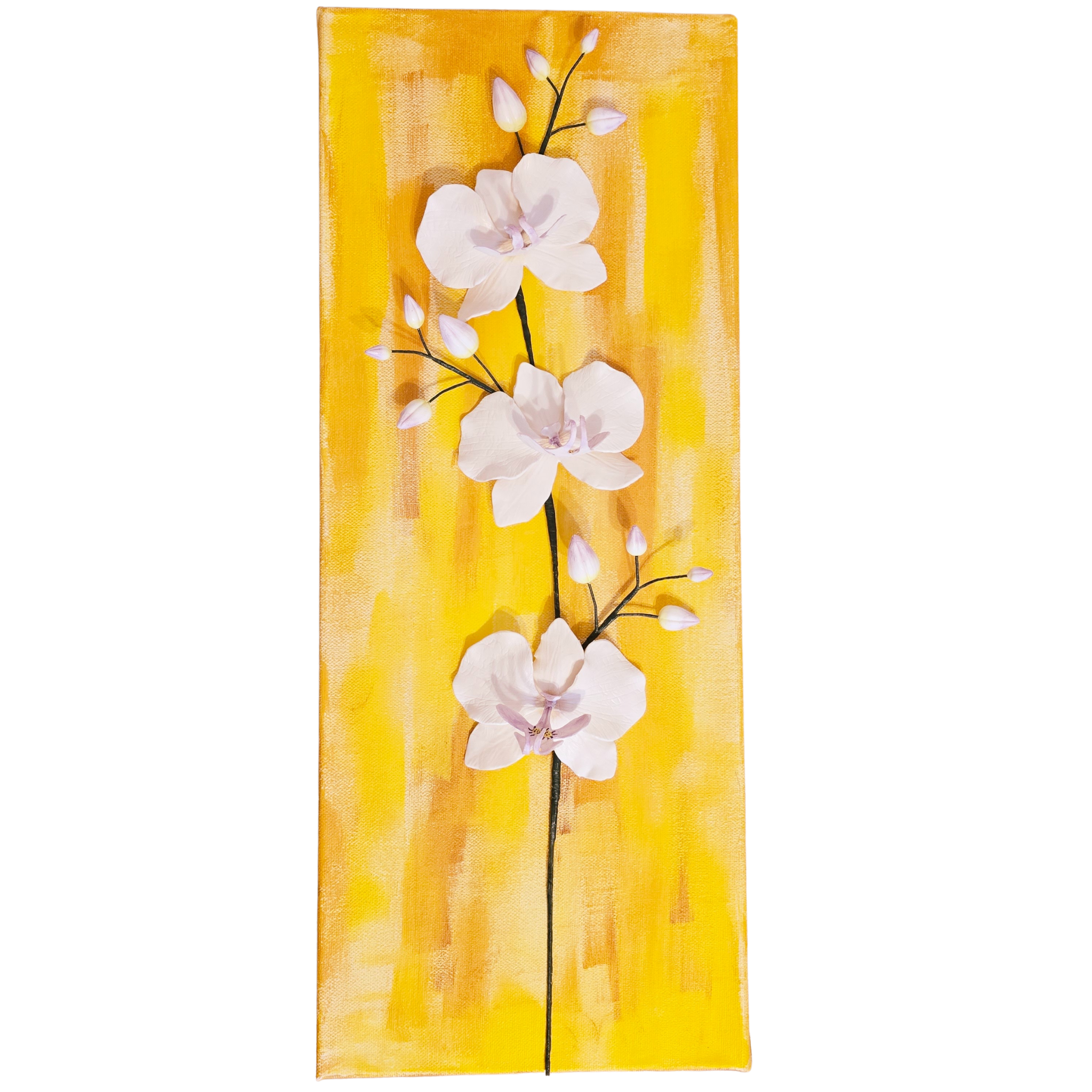 3D white Phalaenopsis orchids wall art on brown and yellow gradient canvas, handcrafted with clay.