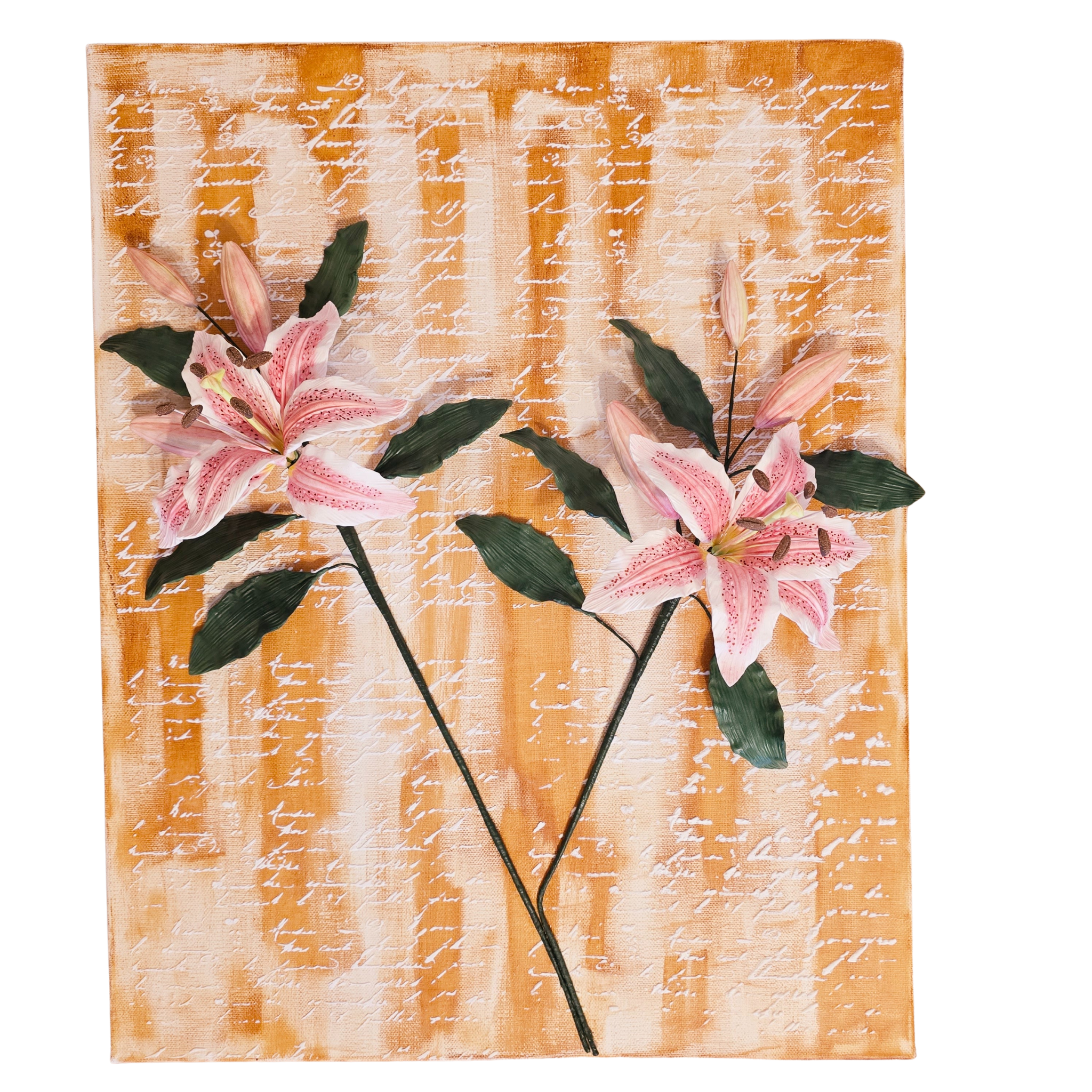 Hundred Years of Love – 3D wall art with pink oriental lilies handcrafted from clay, ready to hang