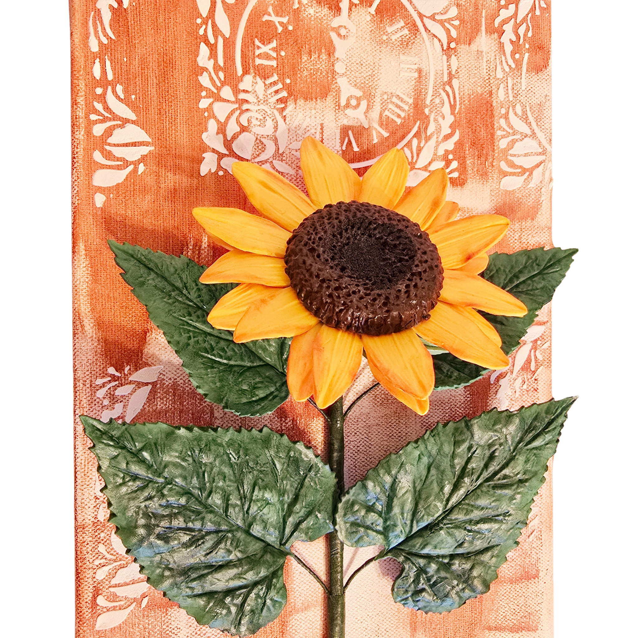 Close-up of Echoes of the Heart, a 3D clay sunflower artwork, showcasing its detailed petals and realistic texture against a hand-painted background.