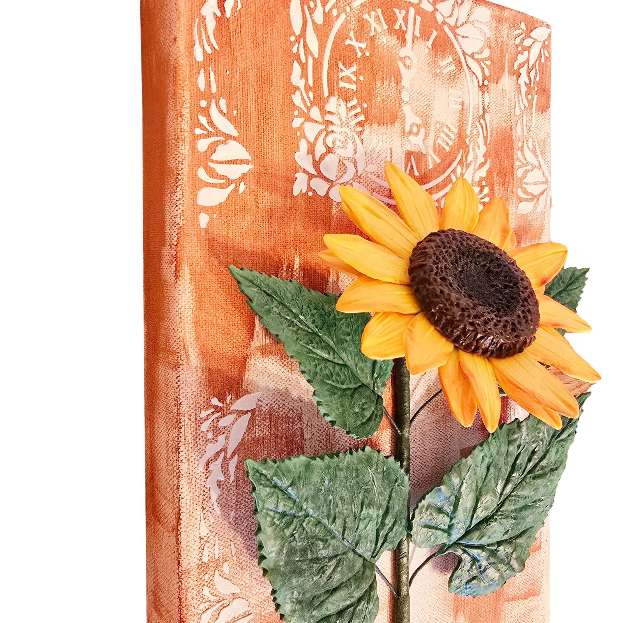 Side view of Echoes of the Heart, highlighting the depth of the 3D clay sunflower and the balance between painting and sculpture in this unique piece.