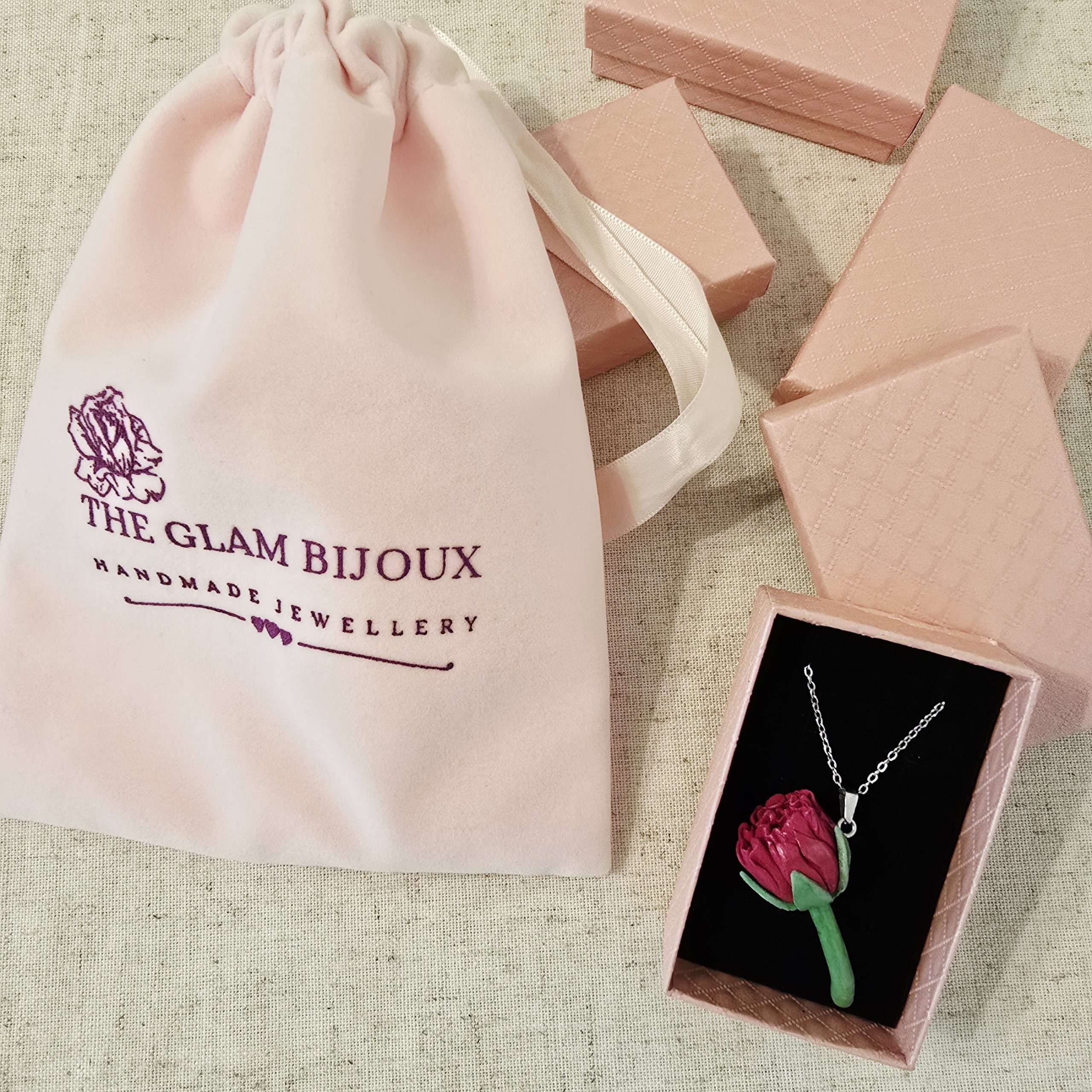 Carnation Necklace by The Glam Bijoux in branded gift box and pink velvet pouch.