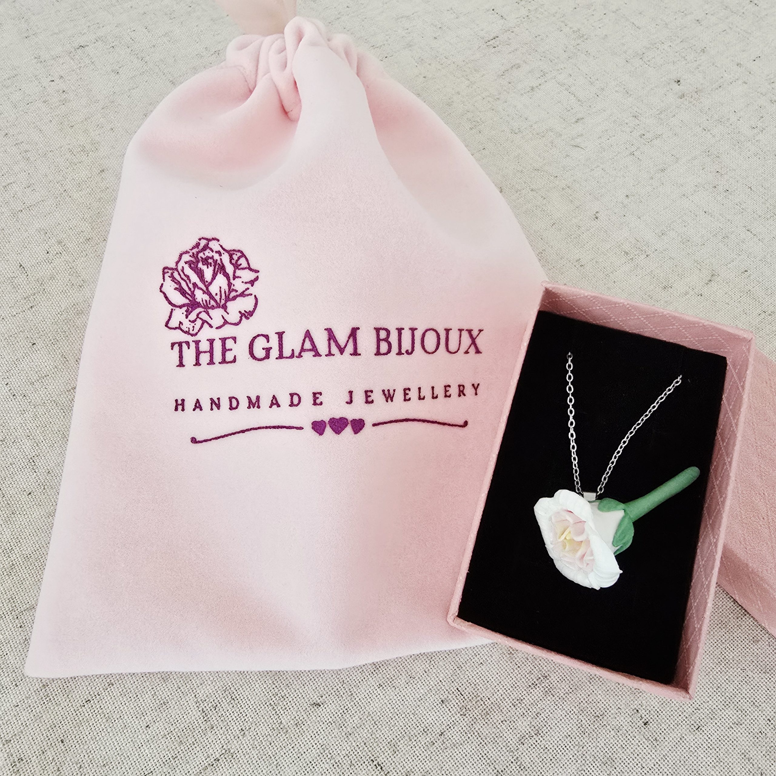 Handmade clay David Austin rose necklace on hypoallergenic chain by The Glam Bijoux.