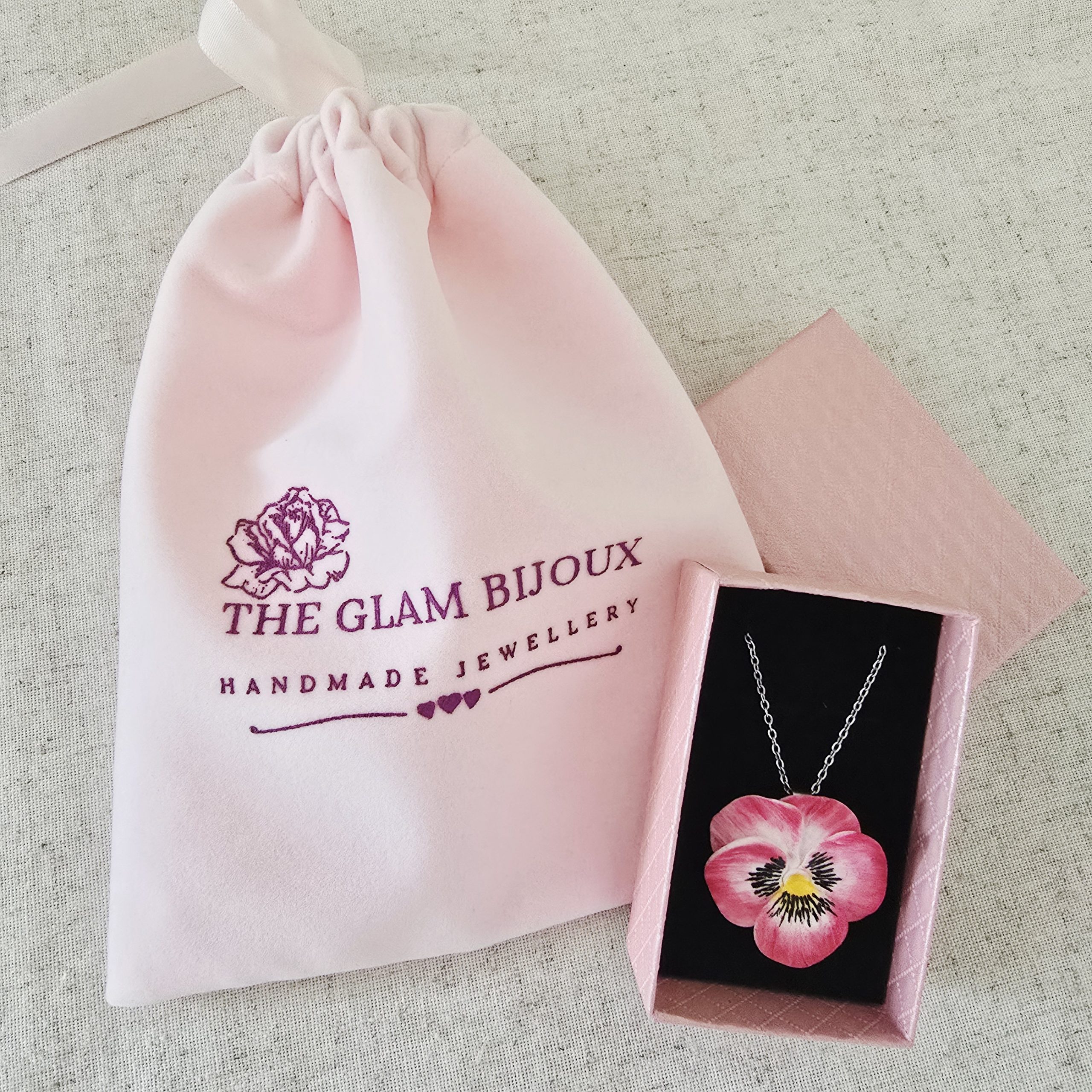 Pansy Necklace presented in a gift-ready box with care card