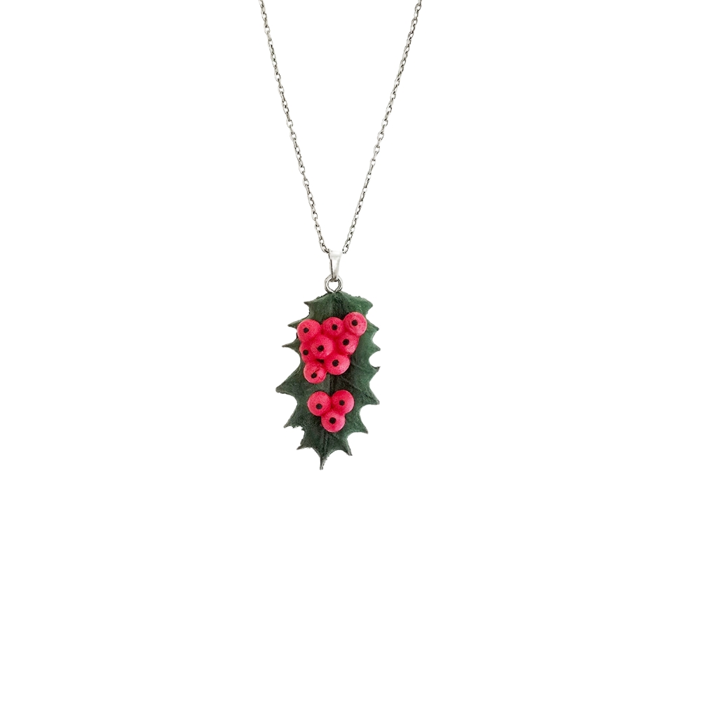 Holly necklace — handmade air-dry clay pendant with evergreen leaves and red berries on white background
