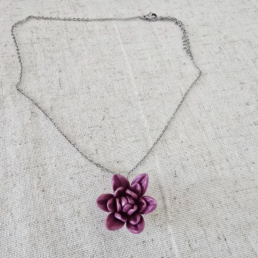 Handmade succulent flower necklace in green clay, beautifully detailed and unique, one-of-a-kind gift from The Glam Bijoux