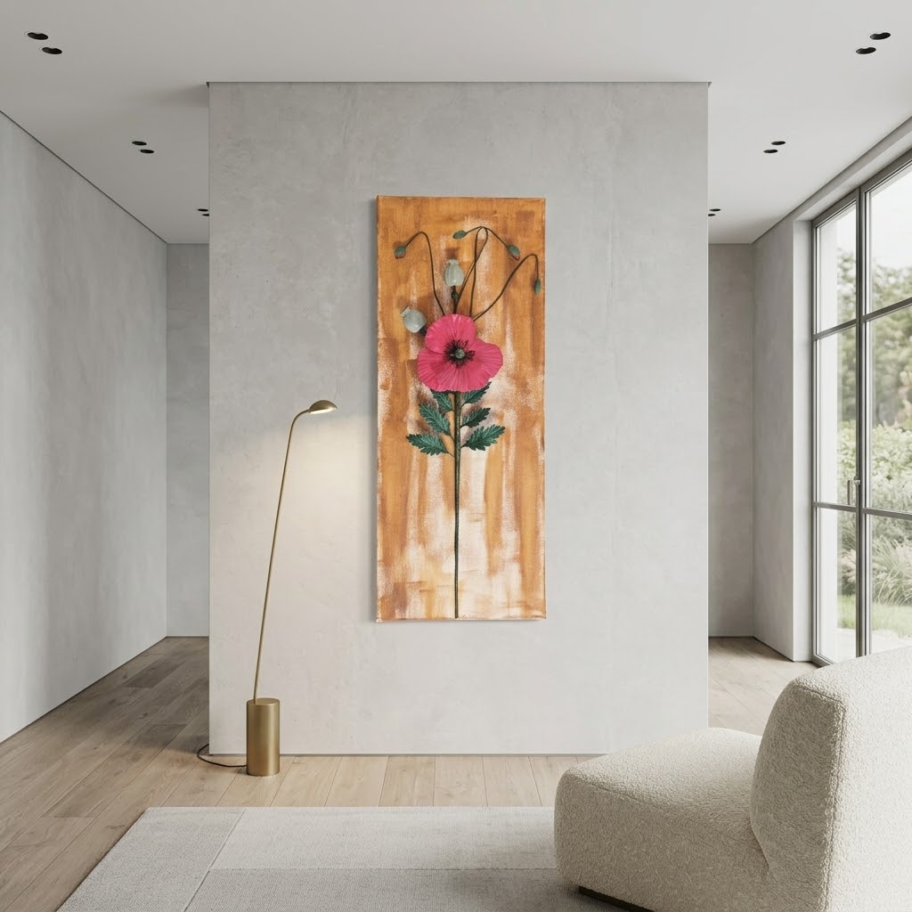 3D red poppy wall art with mocha mousse gradient canvas, handcrafted from clay.