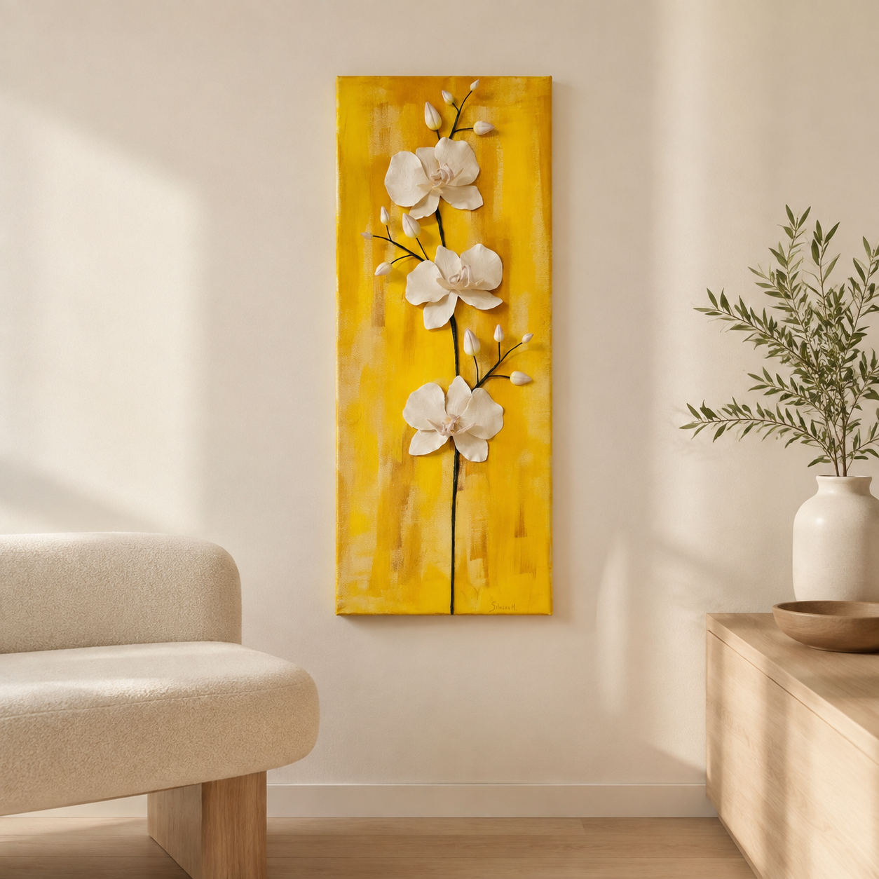 3D white Phalaenopsis orchids wall art on brown and yellow gradient canvas, handcrafted with clay.