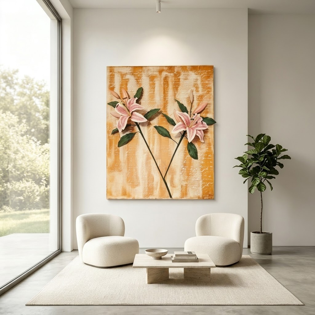 Hundred Years of Love – 3D wall art with pink oriental lilies handcrafted from clay, ready to hang