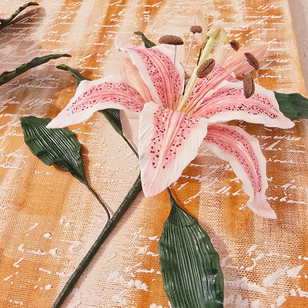 Hundred Years of Love – 3D wall art with pink oriental lilies handcrafted from clay, ready to hang.