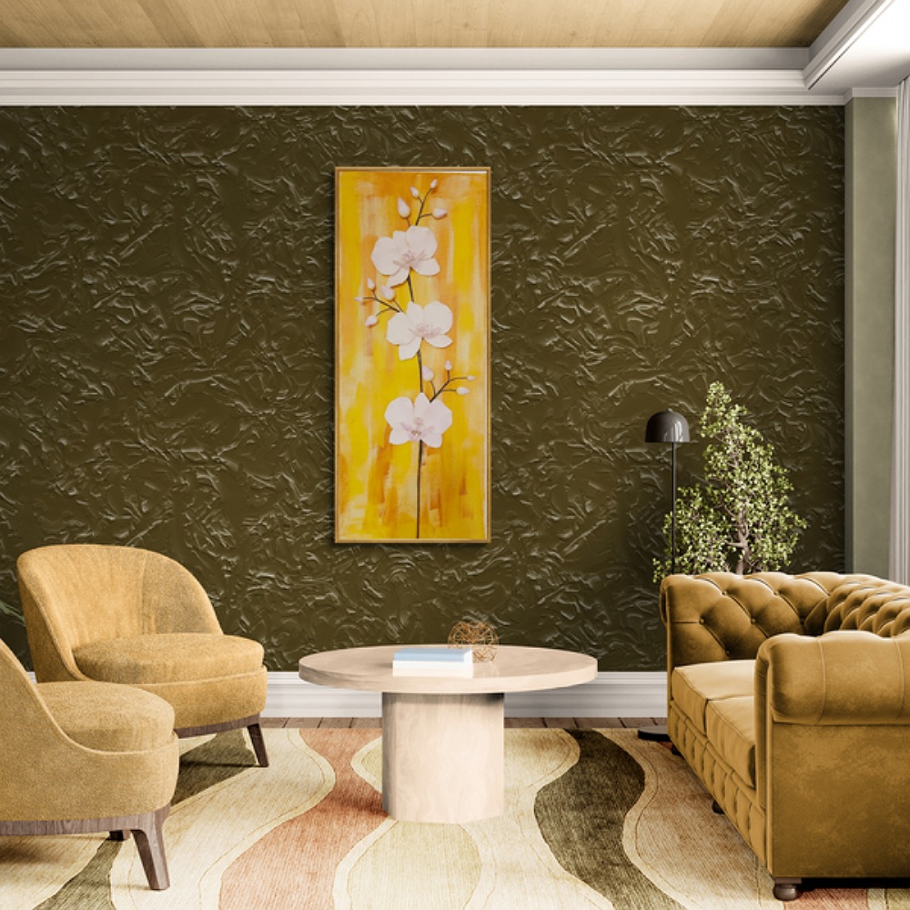  Elegance Harmony clay orchid artwork placed above a grey sofa in a minimalist living room, combining natural floral beauty with warm earthy tones.