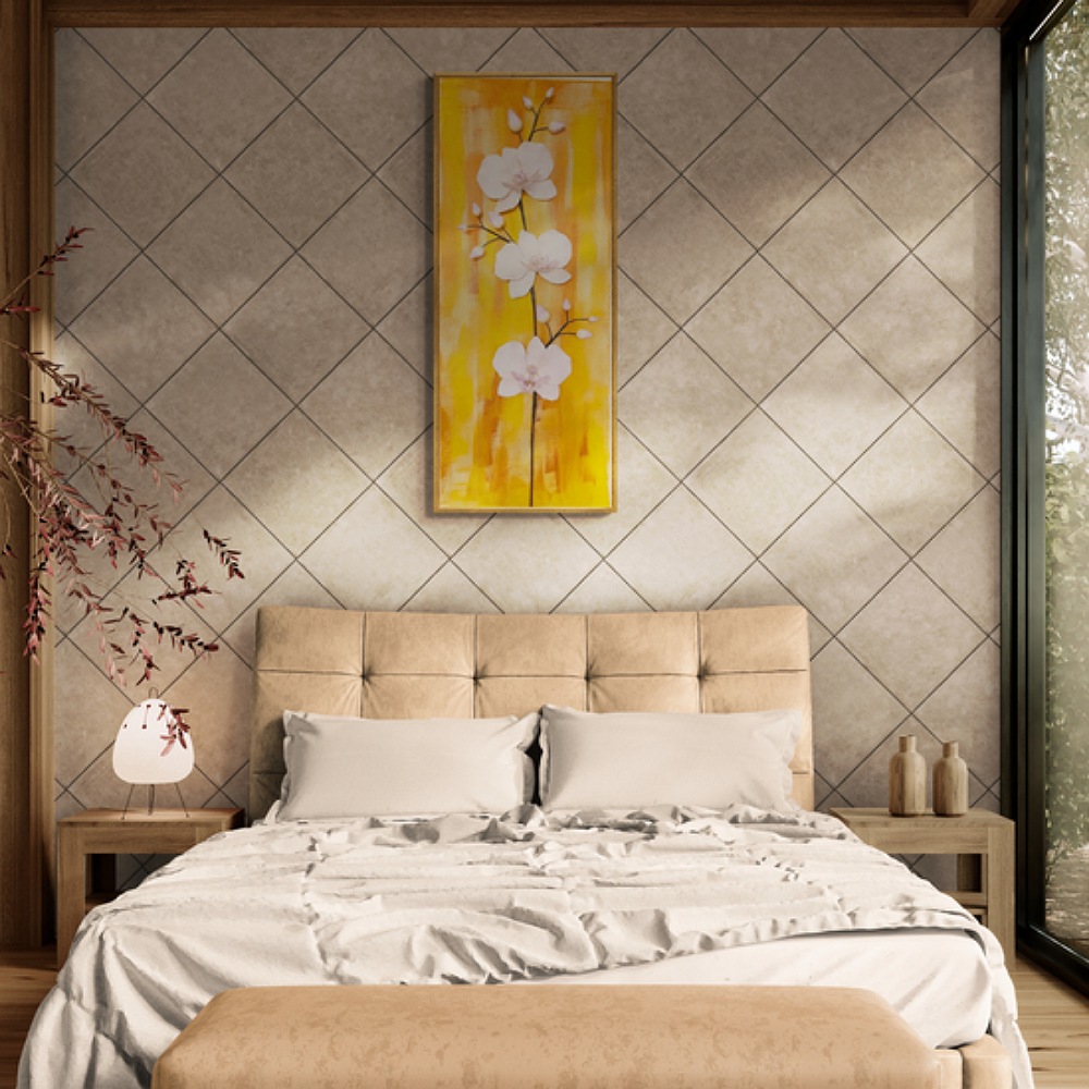  Elegance Harmony clay wall art featured above a beige bed in a cozy bedroom, with soft lighting accentuating its unique floral design.