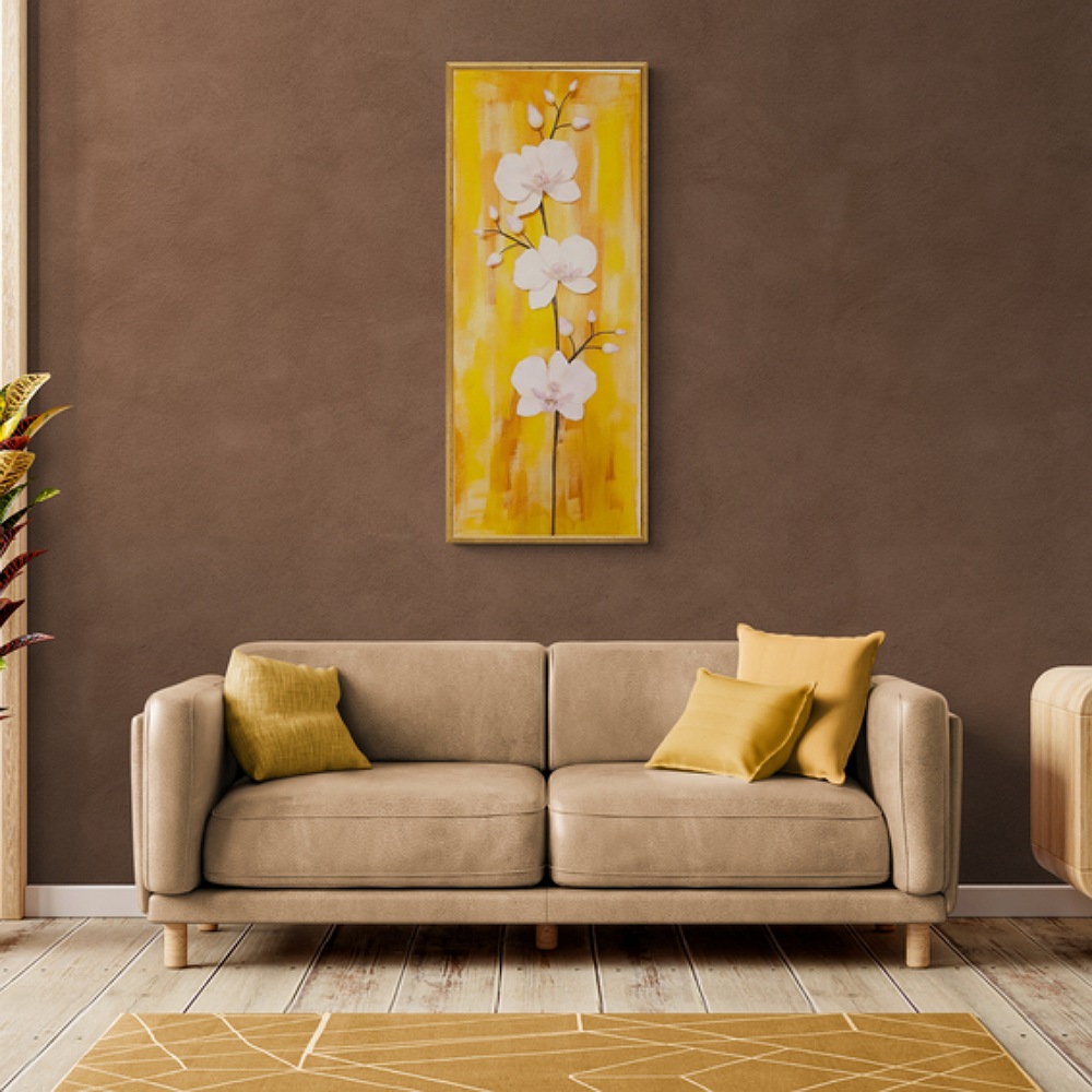 Elegance Harmony Phalaenopsis orchid clay wall art displayed above a fireplace in a cozy living room, with soft lighting highlighting the unique details of the yellow and brown canvas.