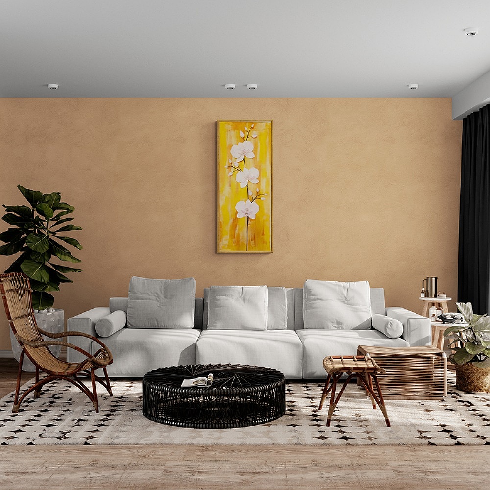 Elegance Harmony clay orchid wall art enhancing a bright living room with white walls and soft lighting, showcasing its intricate design and elegant floral craftsmanship.<br />
Foto 4