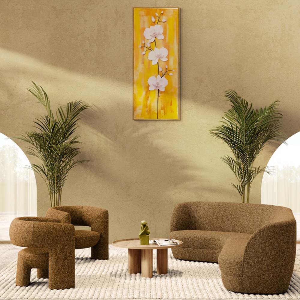 Elegance Harmony clay phalaenopsis orchid wall art displayed in a living room, featuring white orchids and a warm yellow and brown painted canvas backdrop, adding elegance and tranquility to the space.