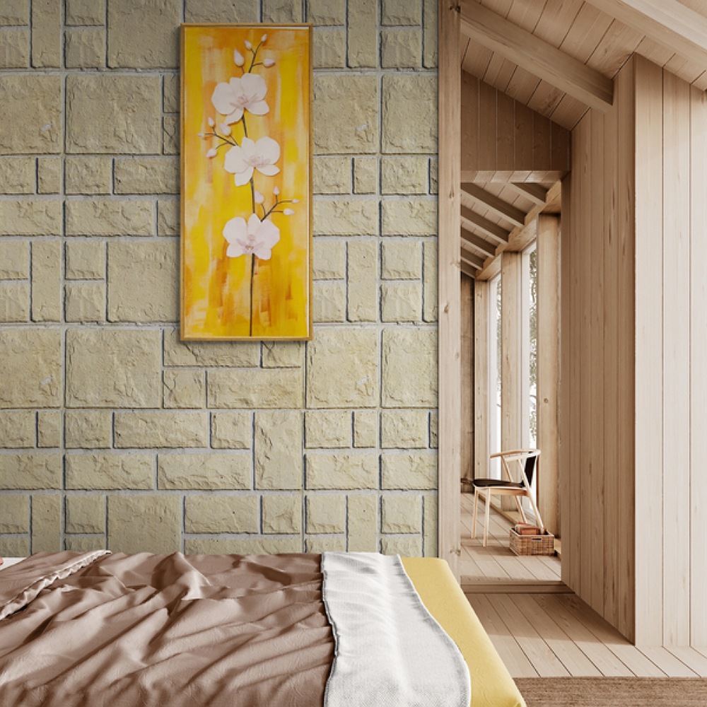 Elegance Harmony clay phalaenopsis orchid wall art above a bed with neutral bedding, creating a calming and luxurious ambiance in the bedroom.