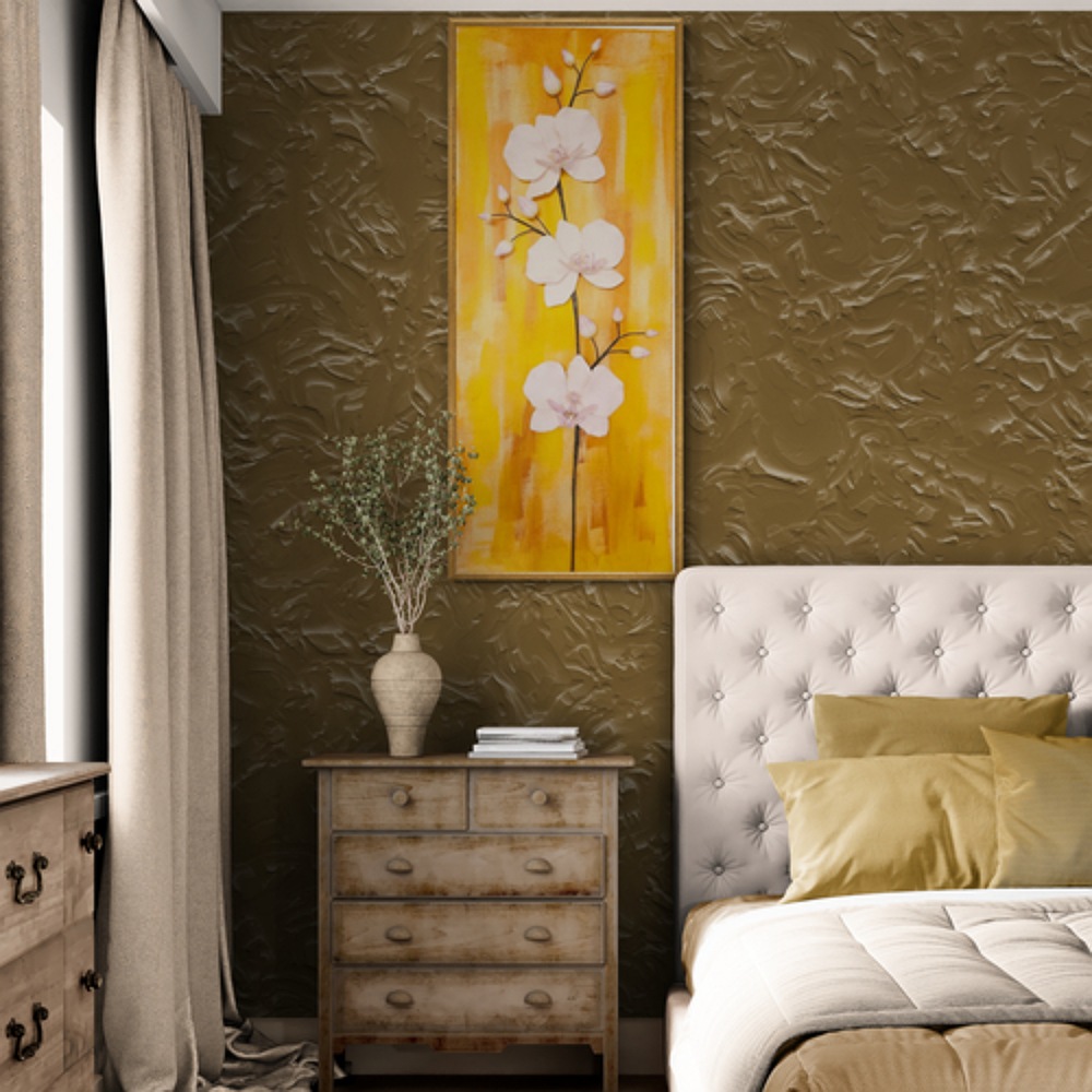  Elegance Harmony orchid artwork hung above a nightstand in a serene bedroom, blending warm acrylic tones with handcrafted white orchids for a peaceful vibe.