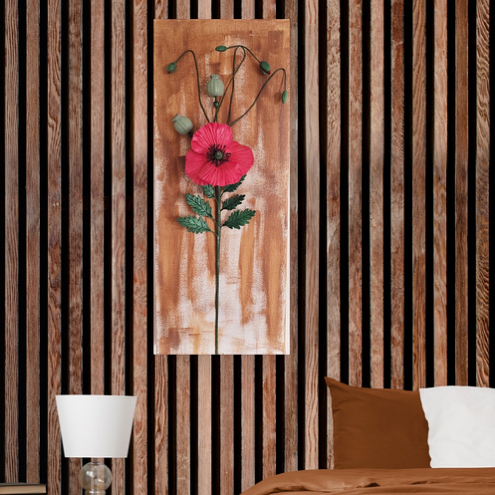 50x20cm clay poppy wall art on a mocha-toned wall, styled in a cozy yet sophisticated living area.