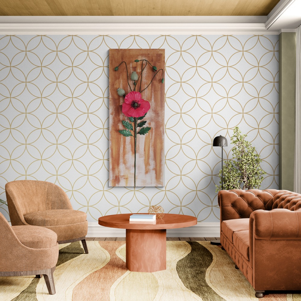 Handcrafted clay poppy wall art displayed on a mocha mouse wall above a sleek wooden console table.