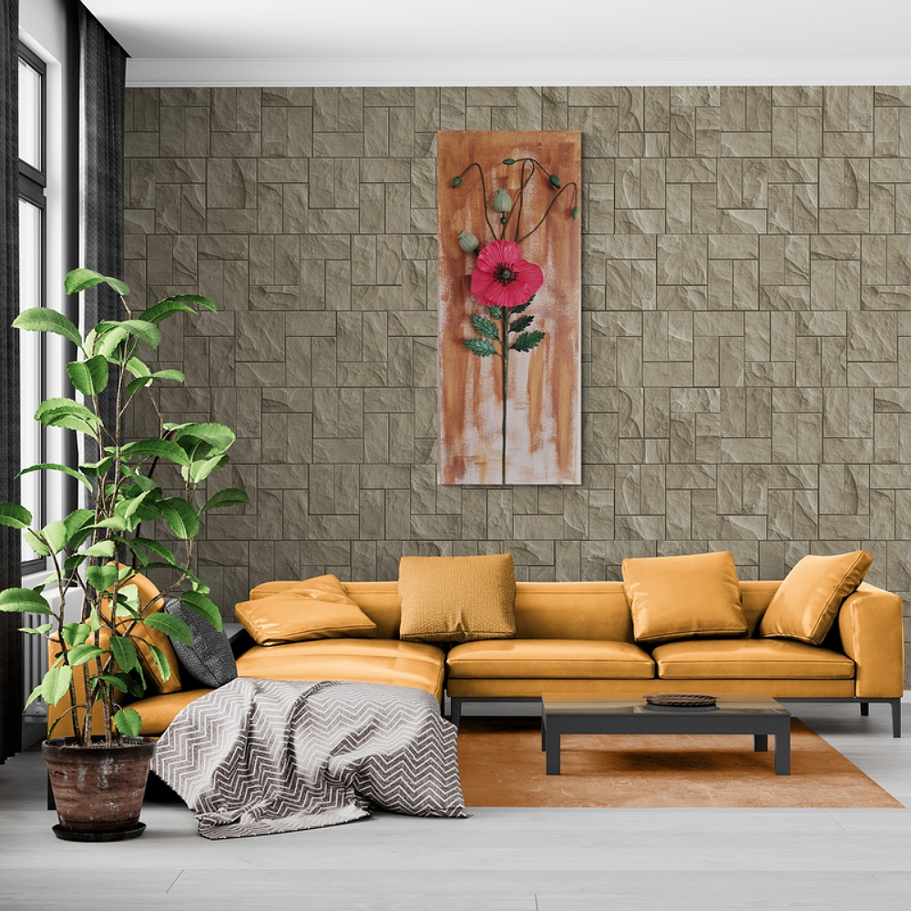 Unique clay poppy wall art on a mocha-toned wall, styled above a modern beige sofa with warm lighting