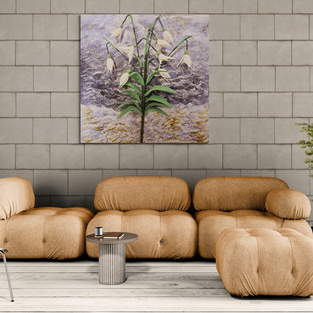  Clay snowdrop painting displayed in a cosy living room.