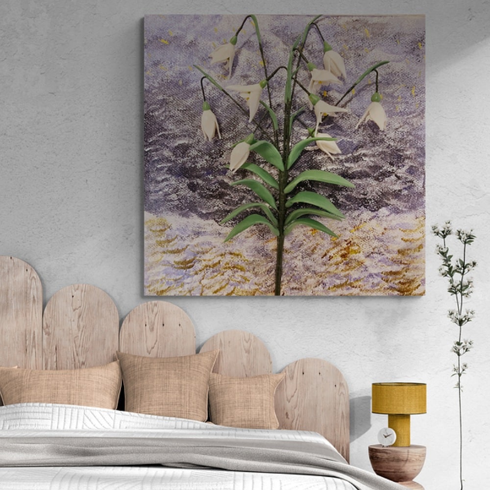 A Promise of Spring 3D wall art featuring snowdrop flowers displayed in a modern living room.