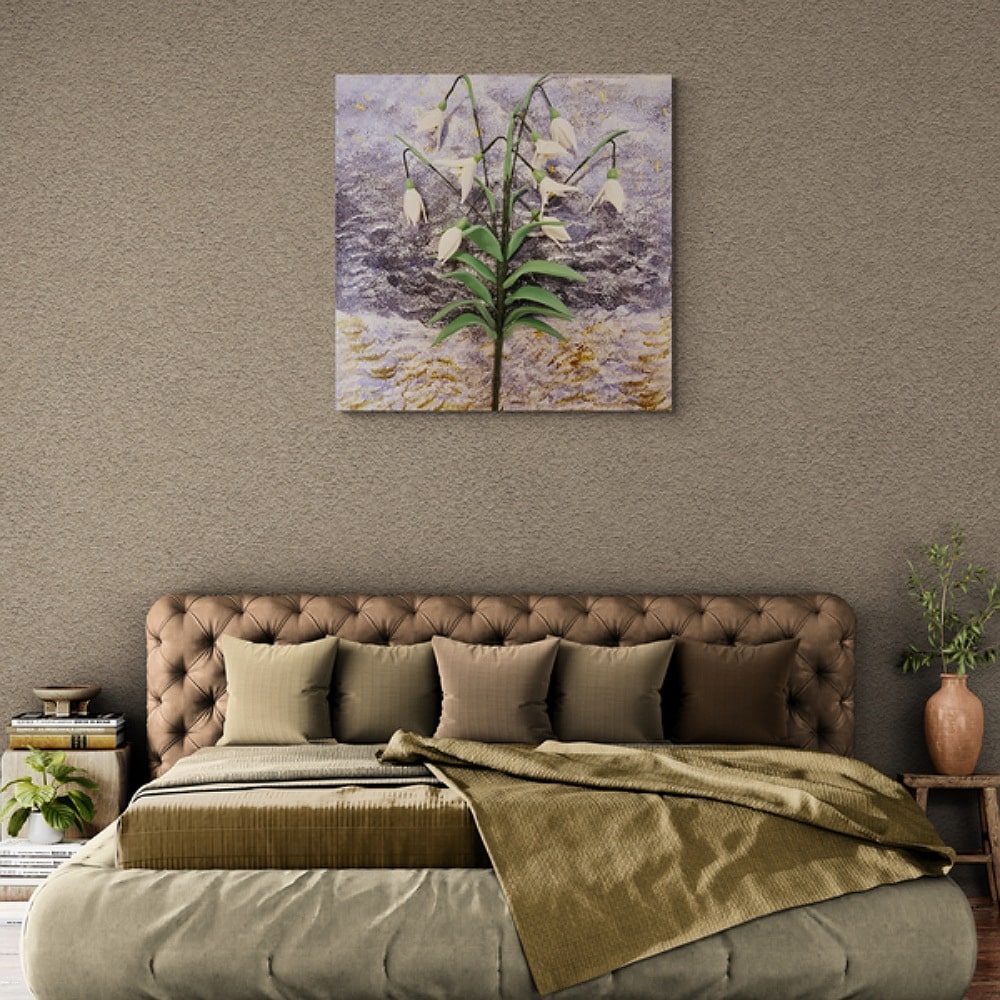 A Promise of Spring 3D wall art featuring snowdrop flowers displayed in a modern bedroom