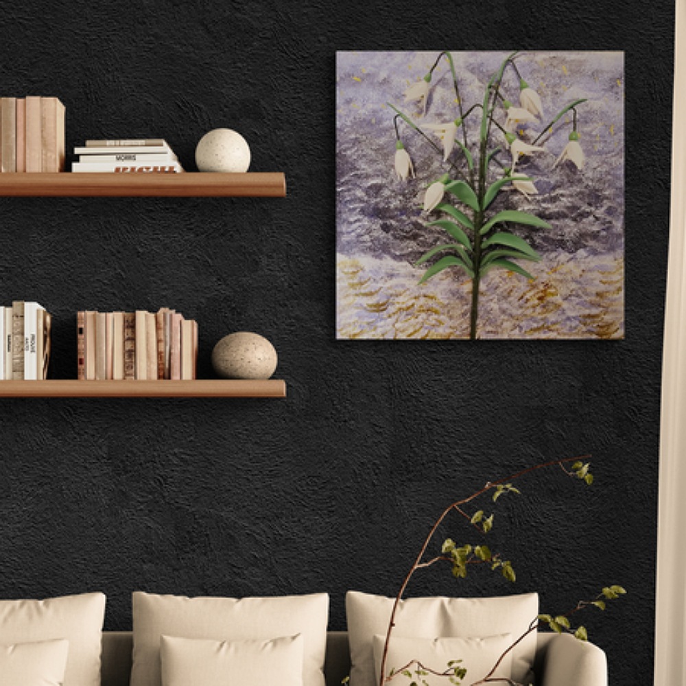  Clay snowdrop painting displayed in a cosy living room.