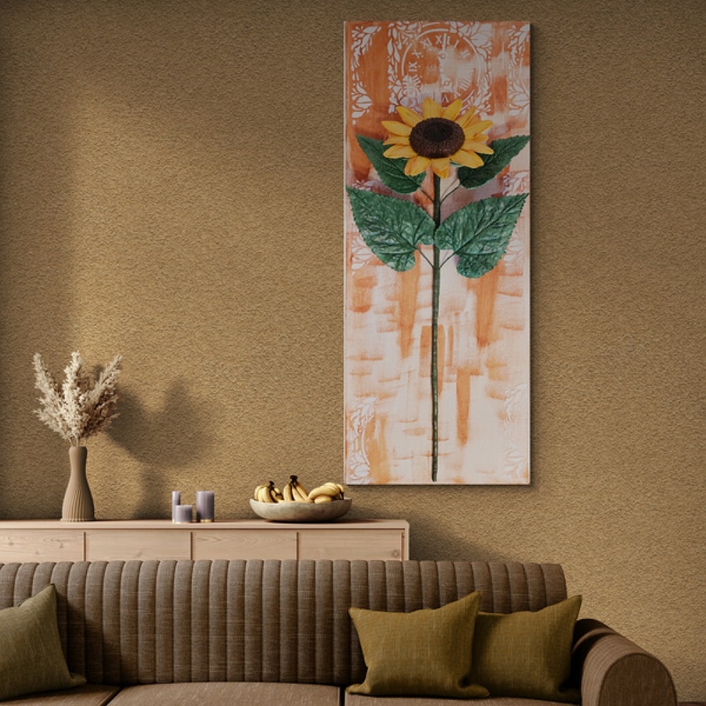 Echoes of the Heart with a 3D clay sunflower, perfectly blending with the contemporary furniture in the living room, adding a touch of nature.
