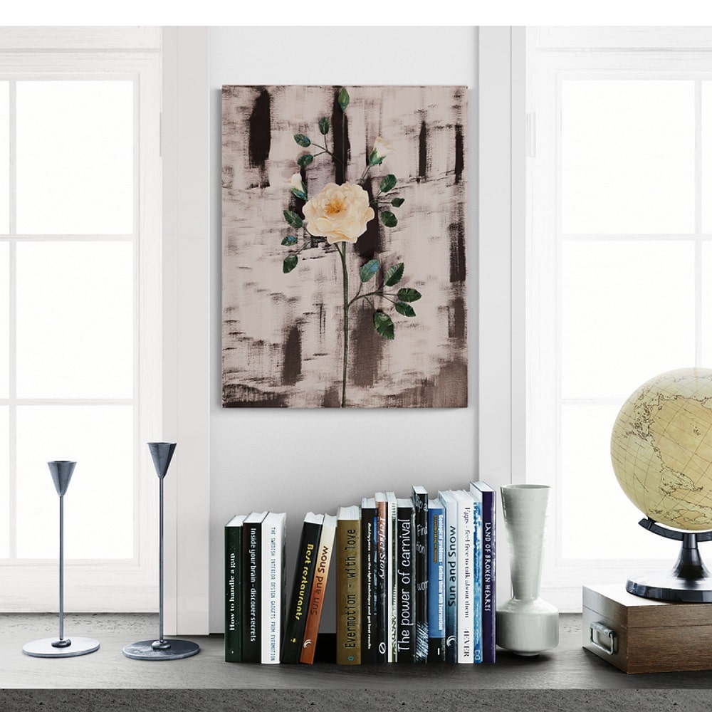 Elegant floral art painting displayed in a luxurious living room, blending abstract textures with realistic 3D flowers.