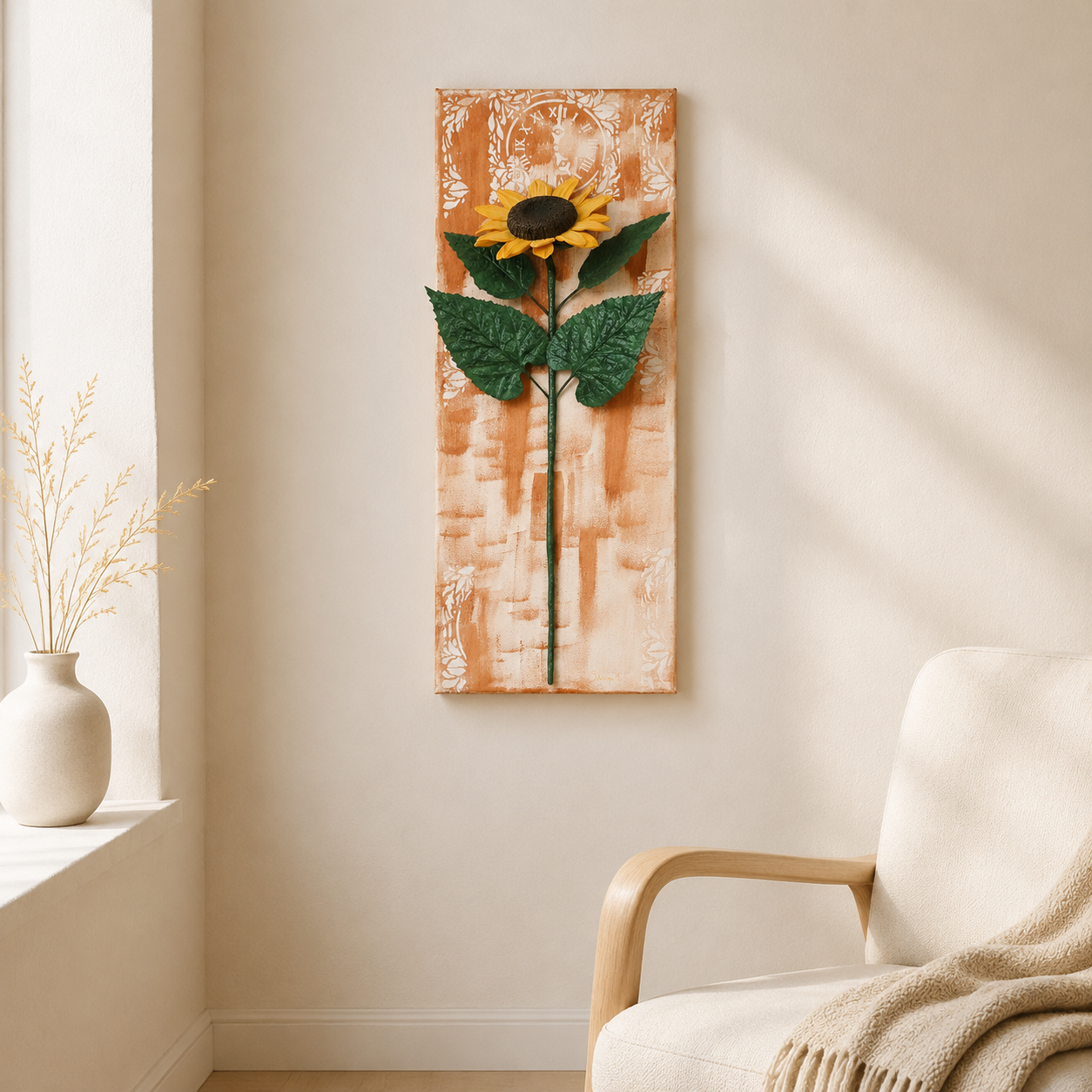 3D golden yellow sunflower wall art on terracotta gradient canvas, handcrafted with clay.
