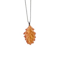 Oak leaf necklace — handmade air-dry clay pendant in woodland green on white background